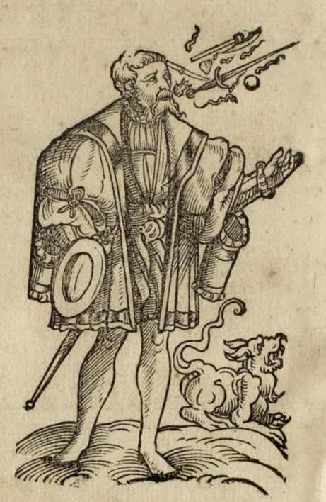 Grabado de Erasmo en el que una figura masculina que mira a la derecha emite por la boca elementos agresivos